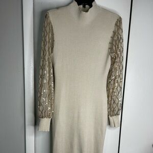 Almost Famous Cream Knit Midi Dress with Sequin Lattice Sleeves